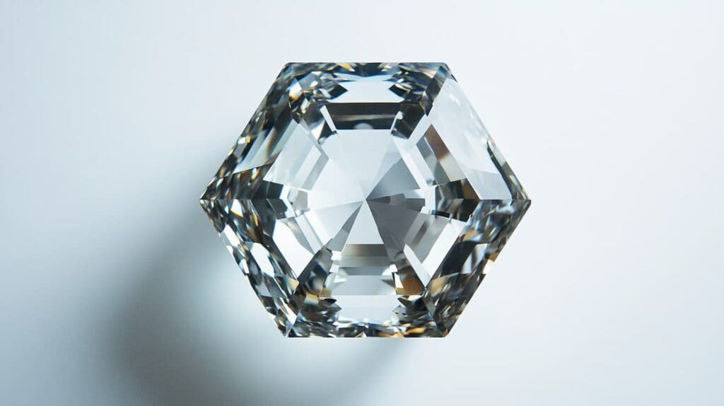 A close-up view of a hexagon-cut diamond, highlighting its precise six-sided faceting and exceptional light reflection against a soft background.
