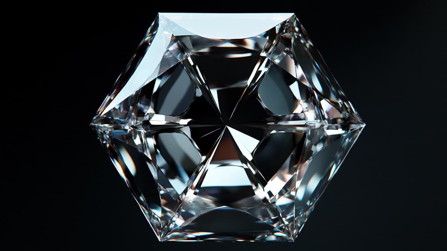 Hexagon-cut diamond with symmetrical kite facets on a dark background