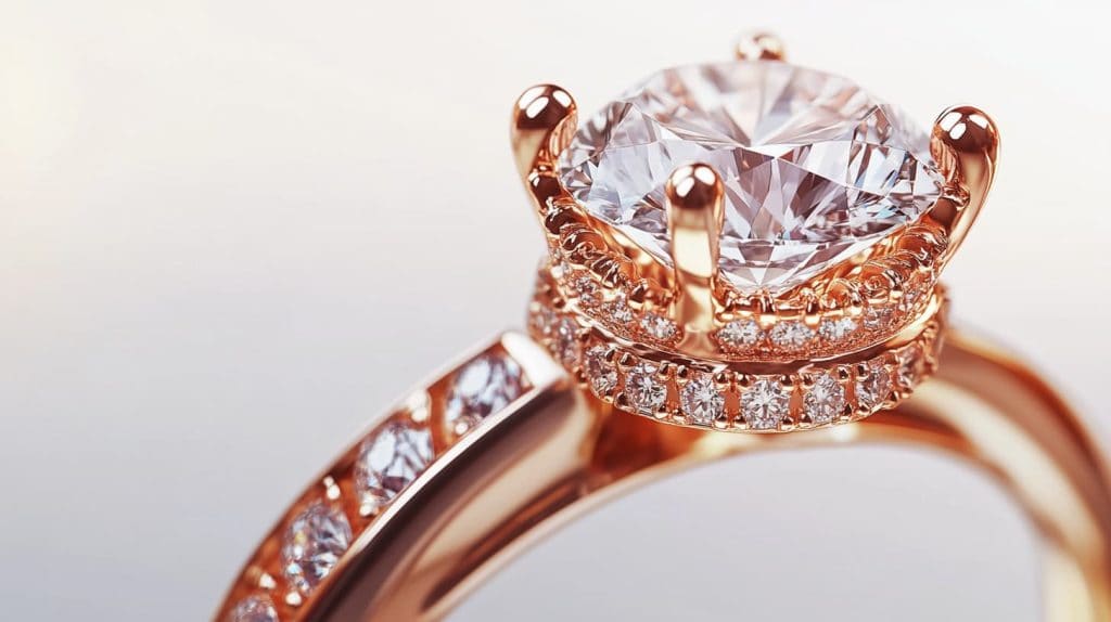 Rose gold hidden halo engagement ring featuring a round diamond center stone elevated above a subtle row of accent diamonds underneath the crown.