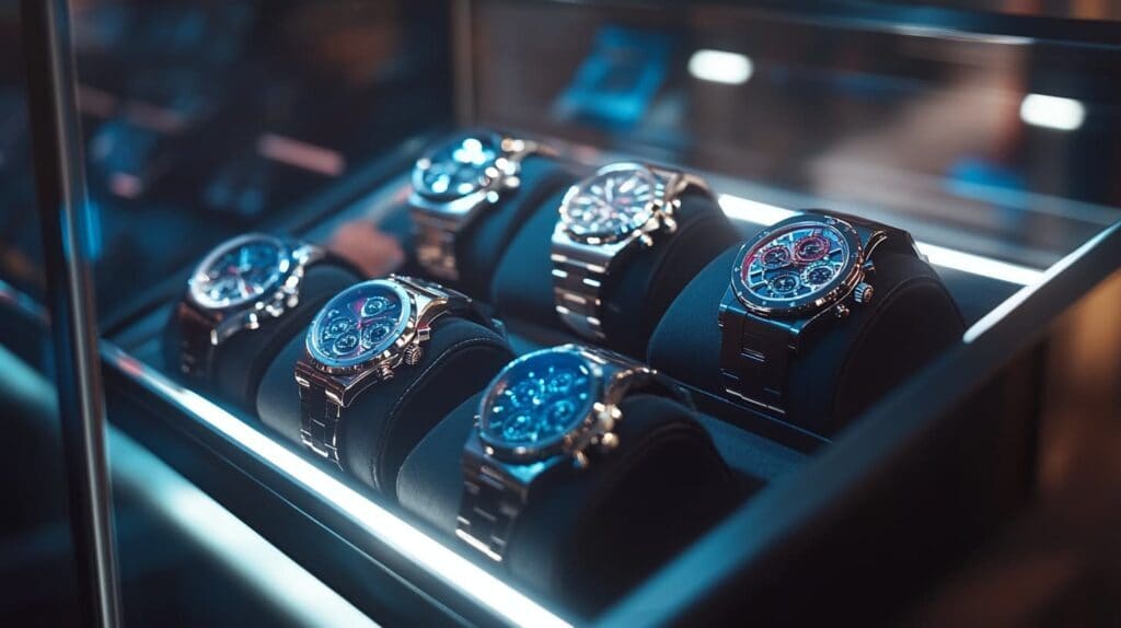 A set of high-end chronograph watches displayed in a glass showcase with elegant lighting, highlighting their polished cases and detailed dials.