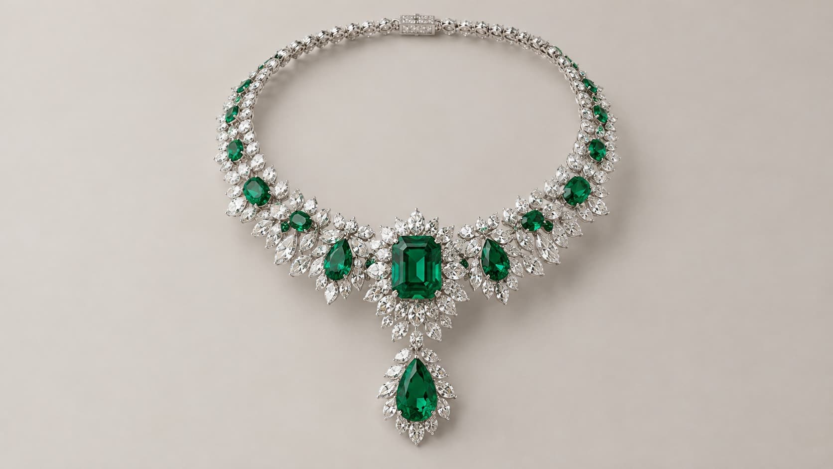 Emerald and diamond necklace with a large emerald-cut center stone, a high jewelry statement piece