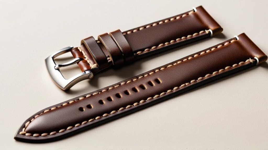 Premium leather watch straps with metal buckle, showing different leather grades and quality comparison for odor resistance