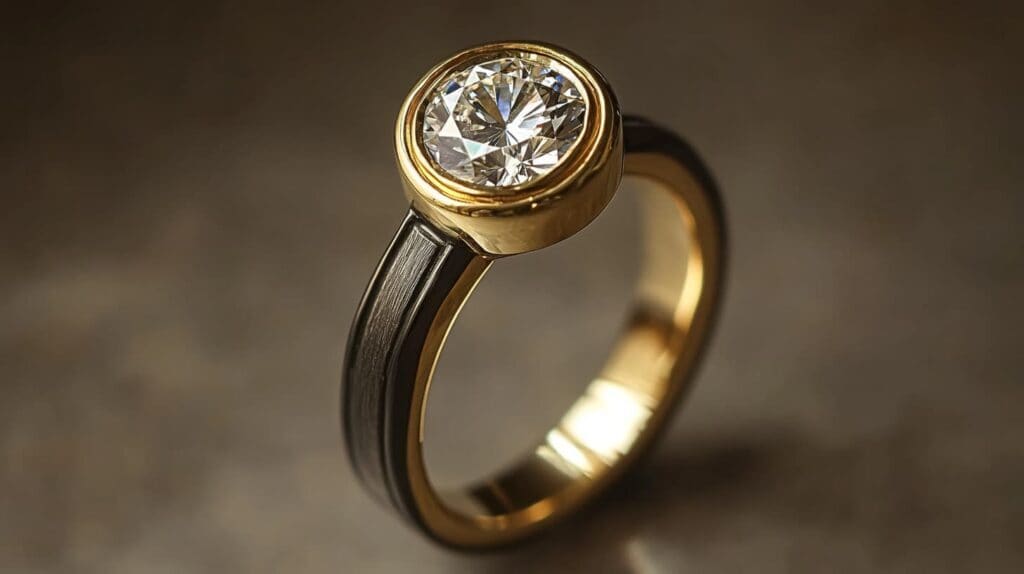 High-set bezel diamond ring with a round brilliant-cut diamond in a gold bezel, elevated on a textured black band for a bold and contemporary style.