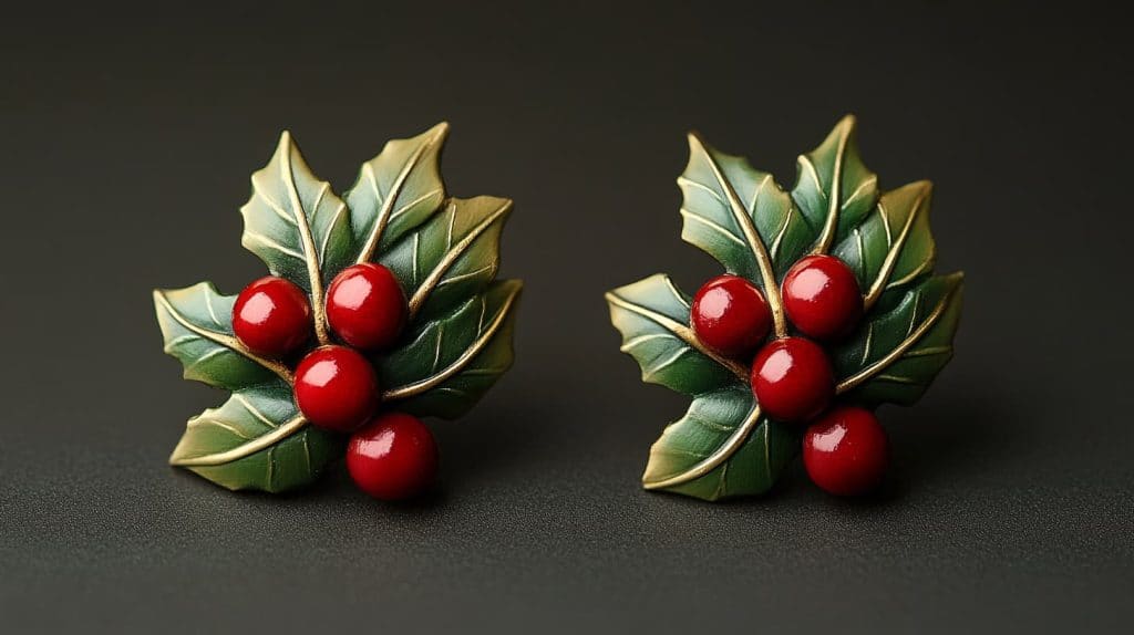Pair of holly leaf earrings with green enamel leaves and glossy red berries, representing nature-inspired jewelry with protective symbolism.