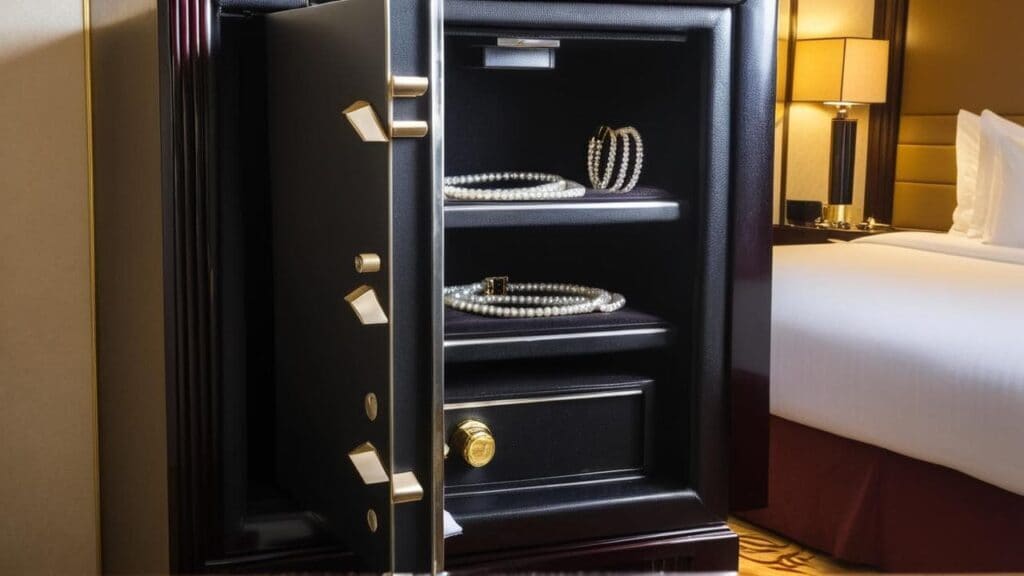 Luxury hotel room safe with pearl necklaces and rings stored securely on black velvet shelves, demonstrating proper jewelry storage while traveling