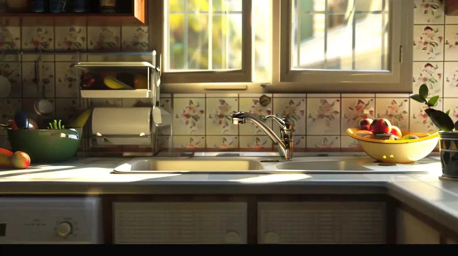 Sunlit kitchen sink with chrome faucet and floral tiled backsplash