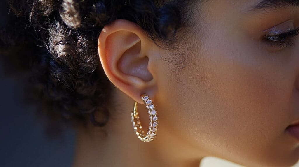 Close-up of a woman showing how to insert and secure diamond-studded hoop earrings, part of detailed instructions for wearing hoop earrings properly
