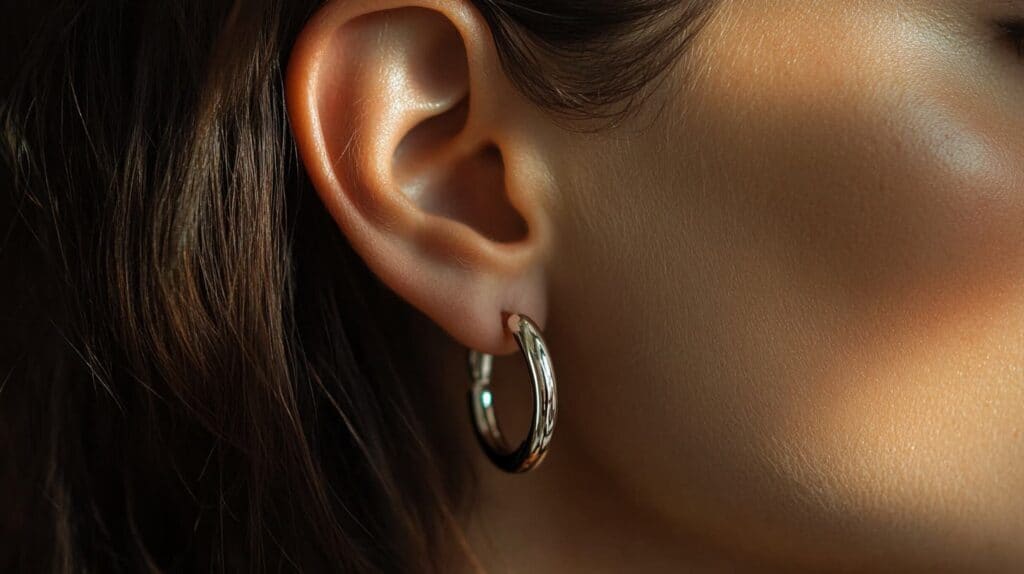 Close-up of a woman demonstrating how to put on simple silver hoop earrings correctly, ensuring proper technique and comfort