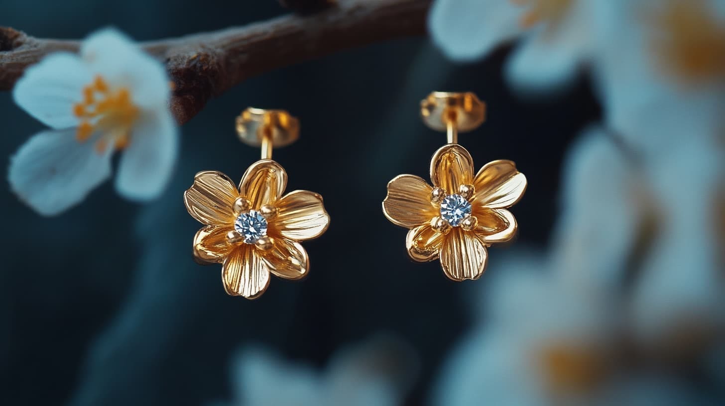 Gold flower stud earrings with flat backs against blossom branches