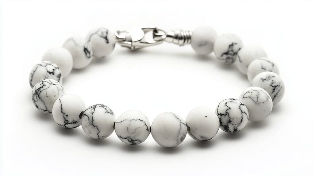 A stretch cord bracelet made of round Howlite beads, showcasing the stone’s natural white color with black veining.