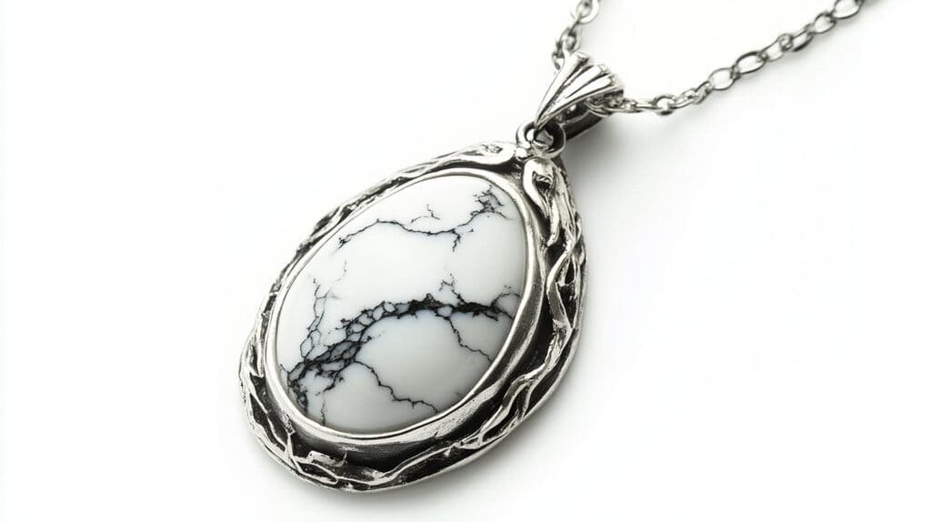 A Howlite pendant necklace featuring an oval-shaped white gemstone with black veining, set in an ornate silver frame.
