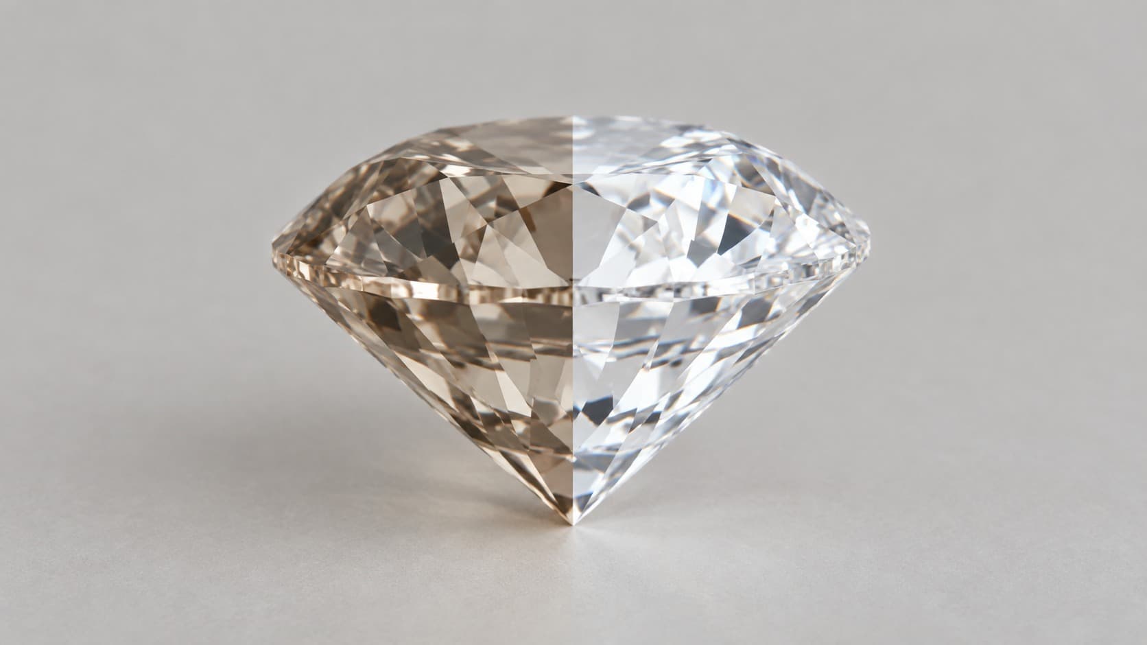 Diamond showing the HPHT color treatment transformation from brown to colorless in a single stone