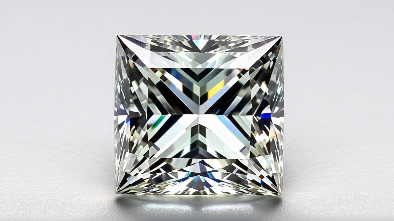 Princess-cut diamond with sharp chevron facets on a white surface