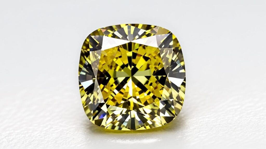 Cushion-cut yellow diamond with intense color saturation, enhanced through HPHT treatment.