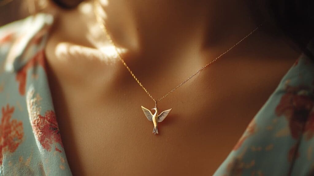 Delicate gold hummingbird necklace symbolizing joy, energy, and resilience, worn around the neck.