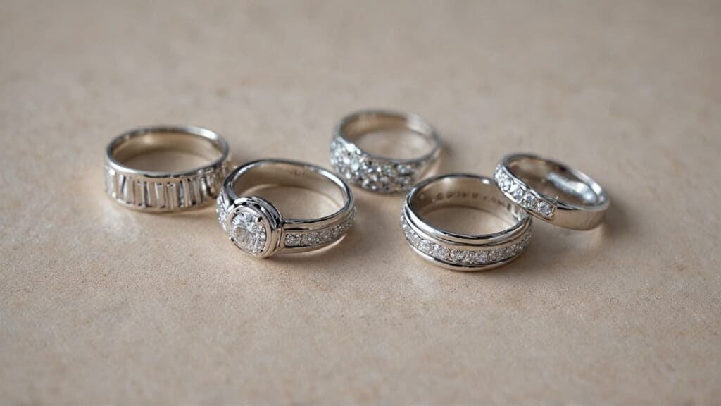 Collection of hypoallergenic metal rings made from stainless steel, platinum, and titanium arranged on neutral background