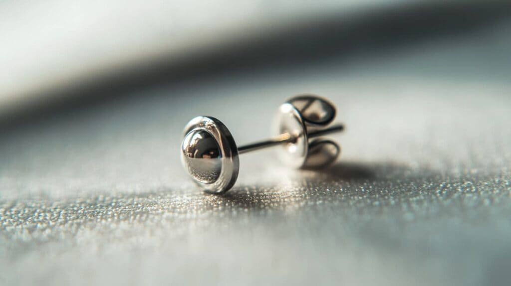 Close-up of hypoallergenic stud earrings made of high-quality metal, ideal for reducing the risk of ear piercing infections.
