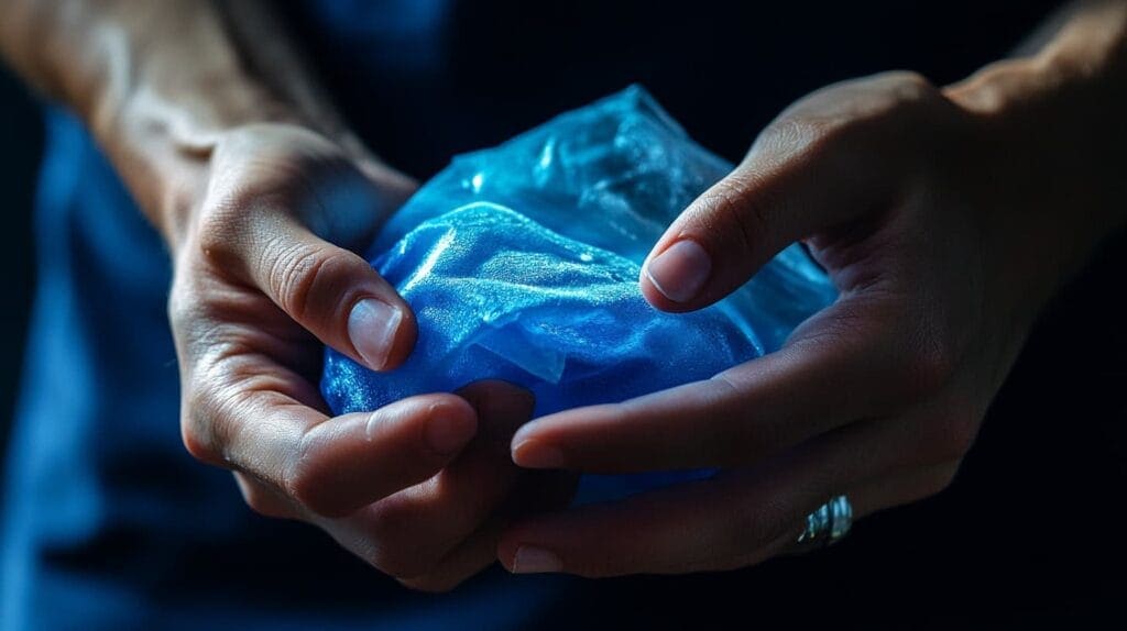 Person holding an ice pack for cold therapy to reduce finger swelling, a recommended step for safe ring removal.