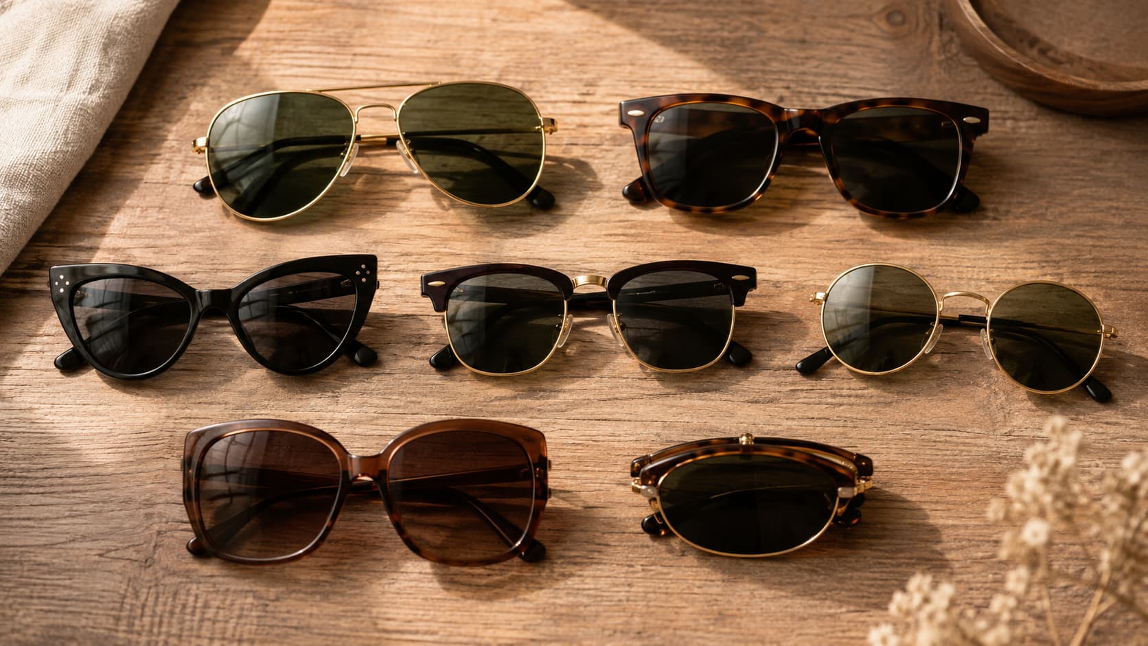 Seven iconic sunglasses styles including aviator, wayfarer, cat-eye, browline, round, oversized, and folding frames arranged together on a wooden table