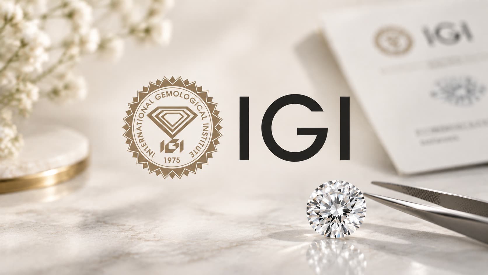 IGI Diamond Certification IGI diamond certification seal with a loose round brilliant diamond and grading report