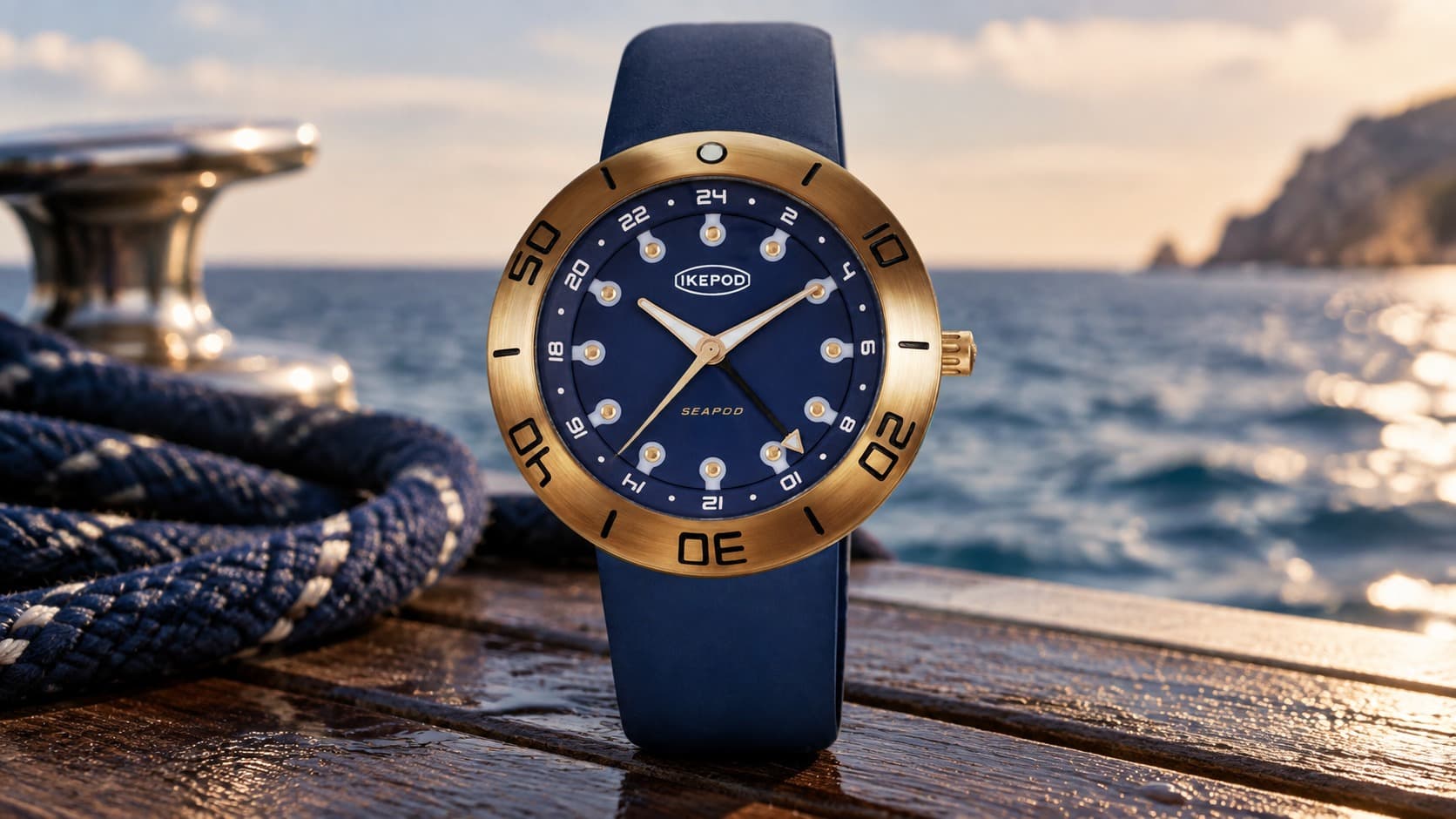 IKEPOD Seapod Bronze Sylvia watch with a blue dial and bronze case on a boat deck