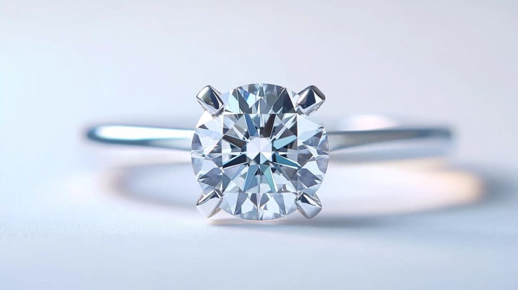 Close-up of a solitaire engagement ring with an illusion setting, enhancing the diamond’s size through reflective metal detailing.