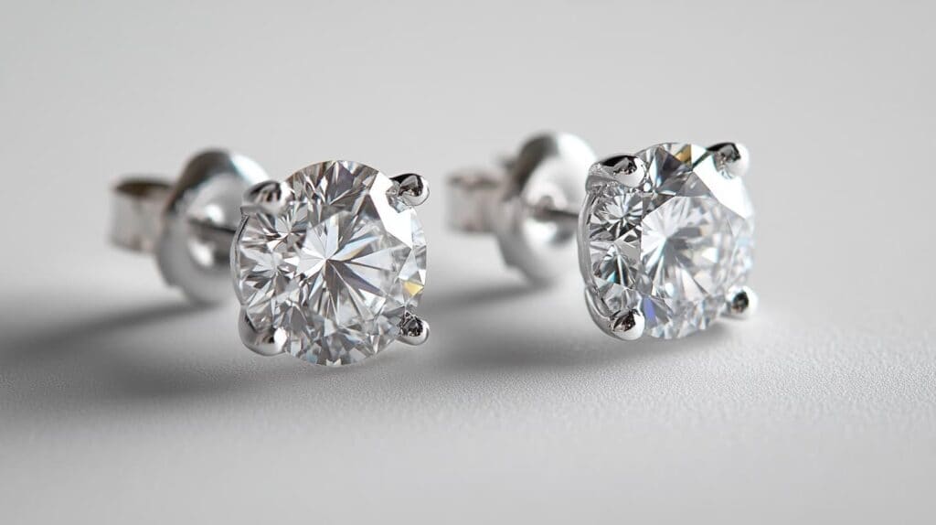 A pair of diamond stud earrings featuring illusion settings, where polished metal enhances the brilliance and size of the stones.