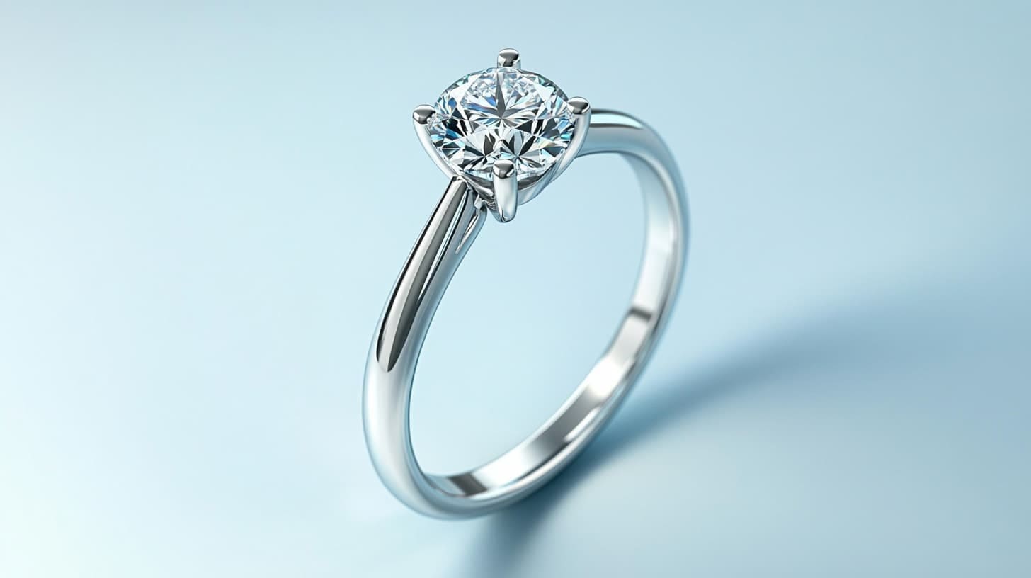 Solitaire engagement ring with a round diamond in a slim white gold band
