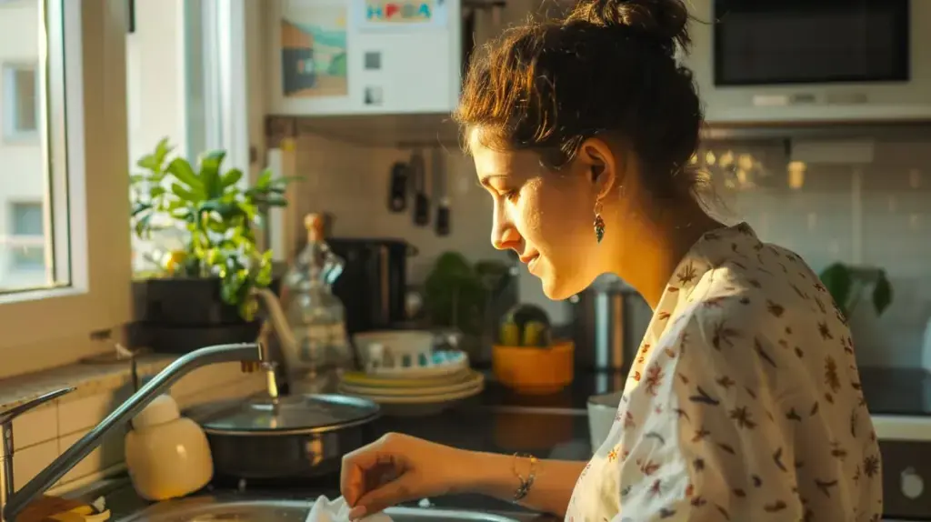 Woman washing dishes at kitchen sink with sunlight streaming through the window