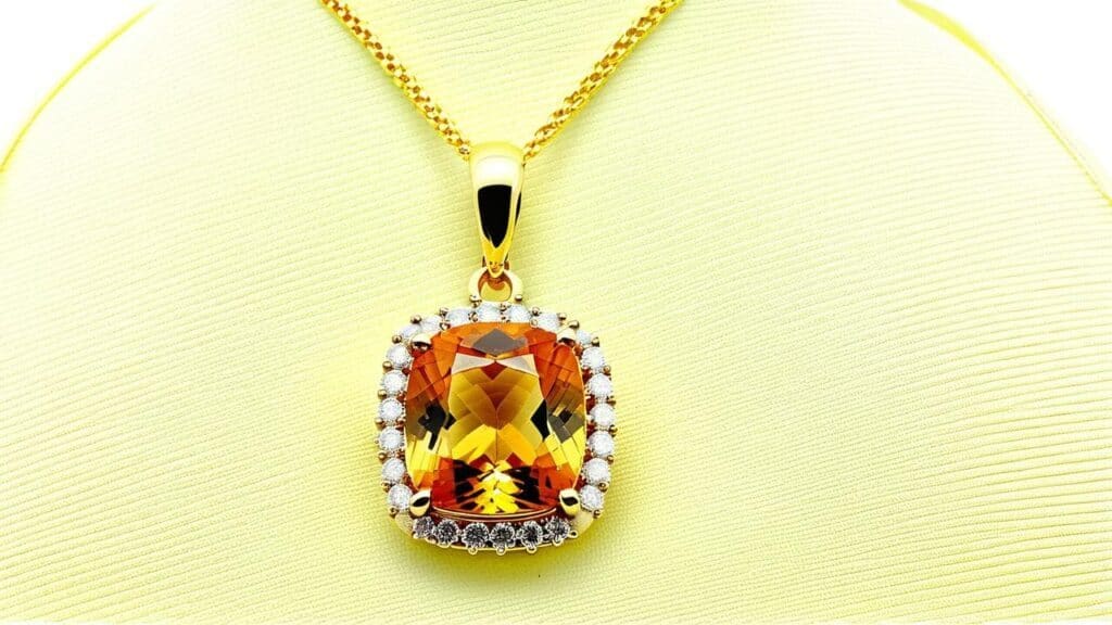 Golden-orange Imperial Topaz pendant surrounded by diamonds in a halo design, set in yellow gold