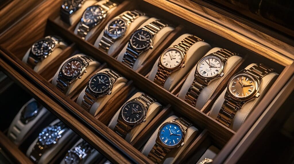 A collection of modern luxury watches with metallic straps showcased in a wooden case, reflecting the evolution of Indian watch brands and contemporary designs.