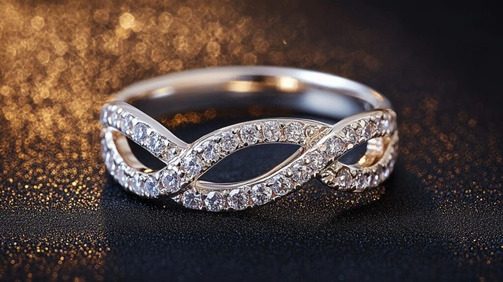 Close-up of an infinity-style diamond ring with a bright white gold appearance, achieved through rhodium plating, displayed against a dark, sparkling background.