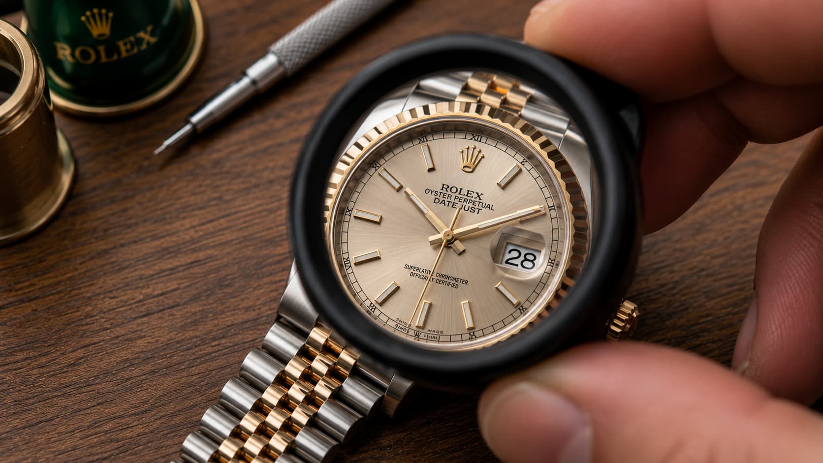 Close-up of a hand inspecting a Rolex watch with a loupe