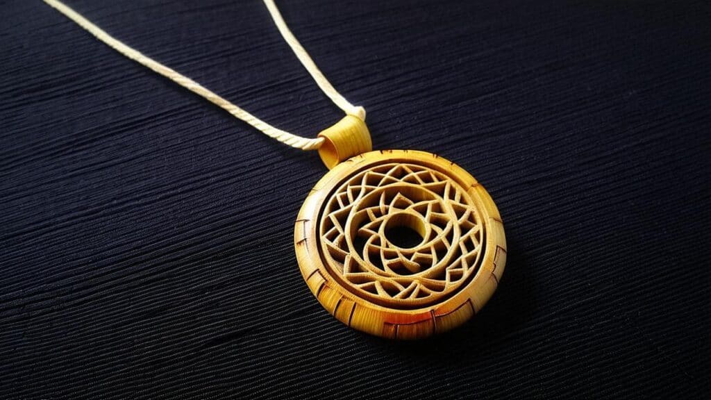 Intricately carved round bamboo pendant on a cord, photographed against a black background, representing traditional artistry and sustainability.