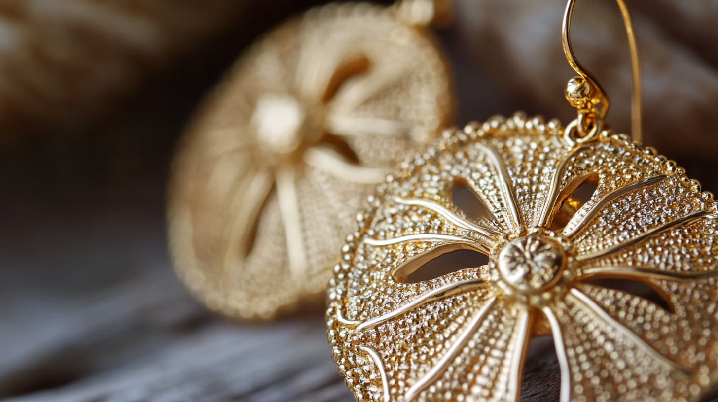 Gold sand dollar earring with granulated texture beside a real sand dollar