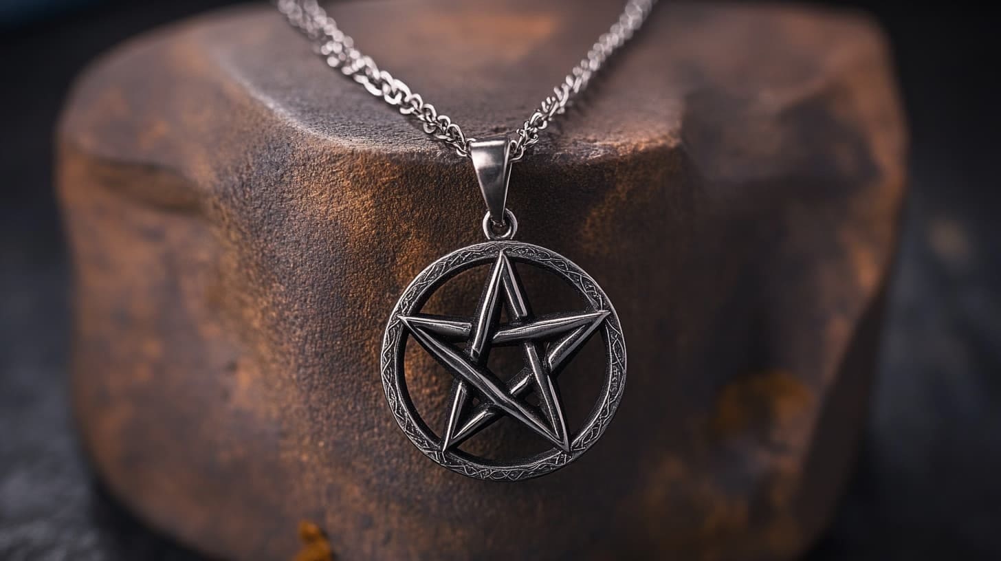 Silver pentagram pendant in an engraved circle, resting against rusted stone