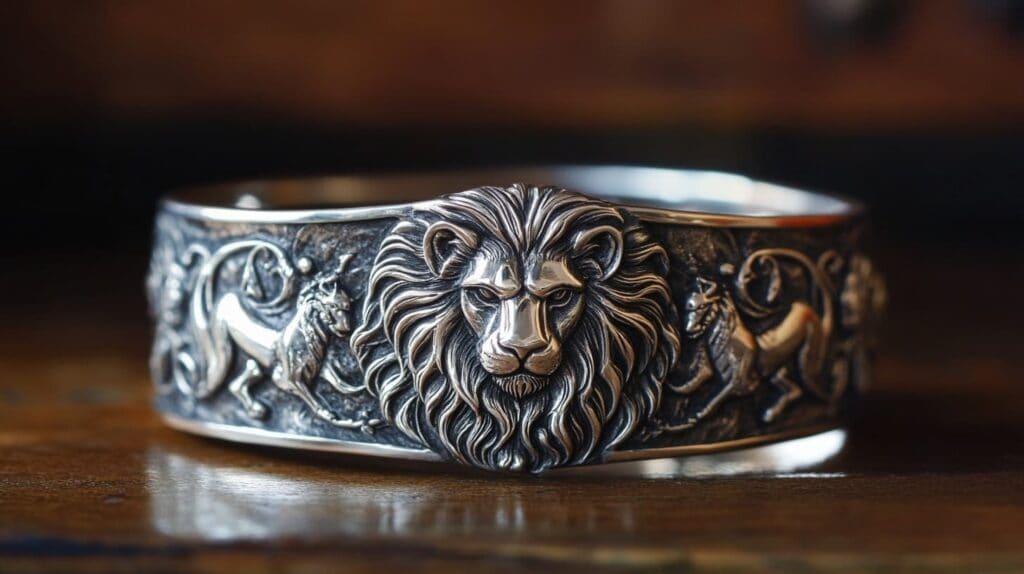 Intricately designed silver cuff bracelet featuring a lion head and detailed engravings.