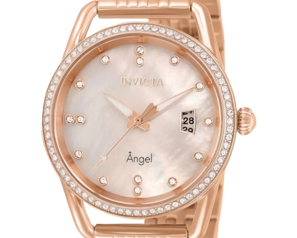 Invicta Angel women's watch in rose gold with crystal bezel and mother-of-pearl dial
