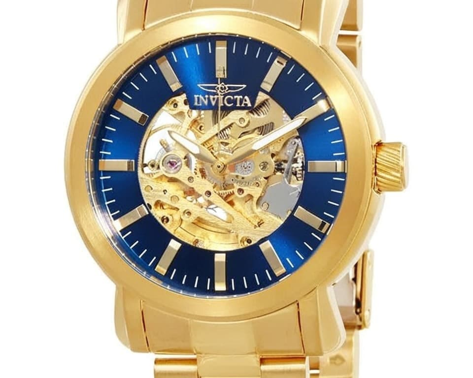 Invicta automatic skeleton watch featuring blue dial with exposed gold mechanical movement, gold-tone case and bracelet showing intricate gears and springs
