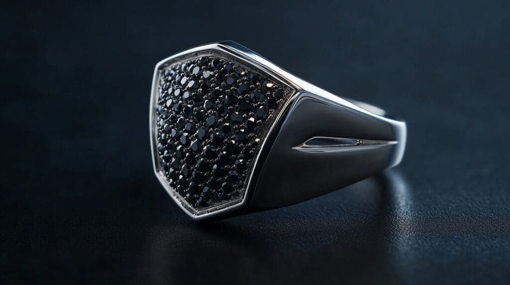 Modern men's ring with black diamonds set in an invisible setting, featuring a bold, sleek design with seamless stonework.