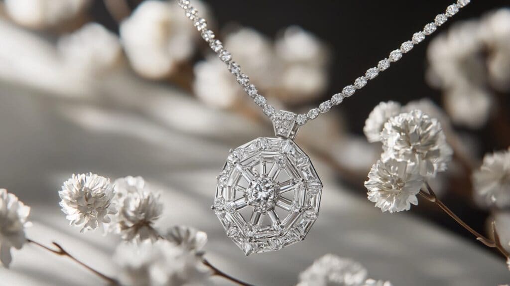 Delicate diamond baguette pendant necklace with an invisible setting, displaying a radiant circular design and exceptional craftsmanship.