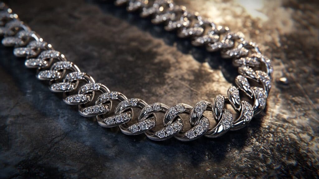 Luxurious diamond Cuban link chain with an invisible setting, showcasing flawlessly aligned gemstones and a polished metal finish.