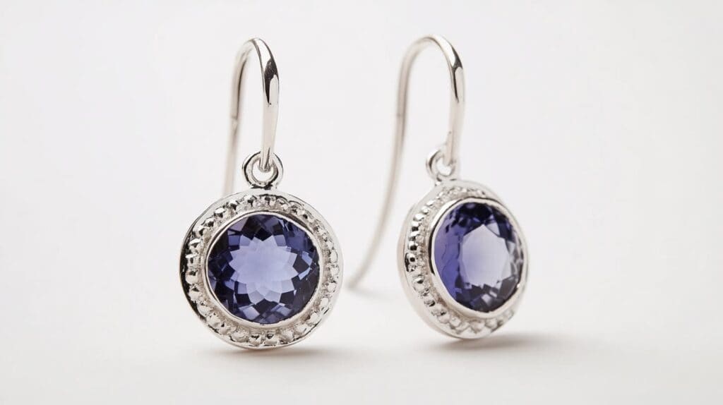 Pair of iolite drop earrings with round violet-blue gemstones set in textured silver frames, perfect for elegant jewelry styles.