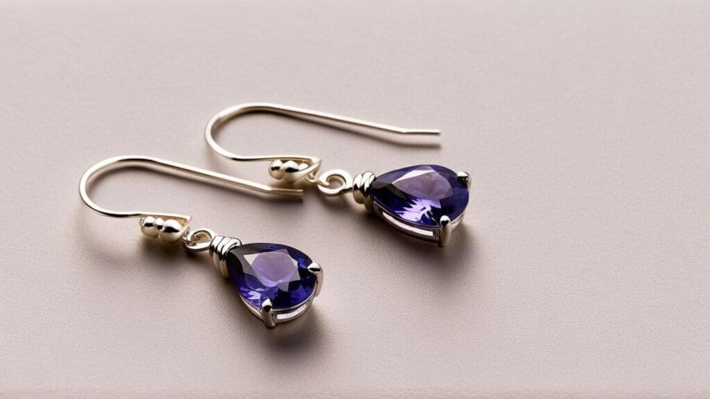 Teardrop-shaped iolite dangle earrings in silver hooks, showcasing an affordable sapphire alternative with deep violet-blue hues.