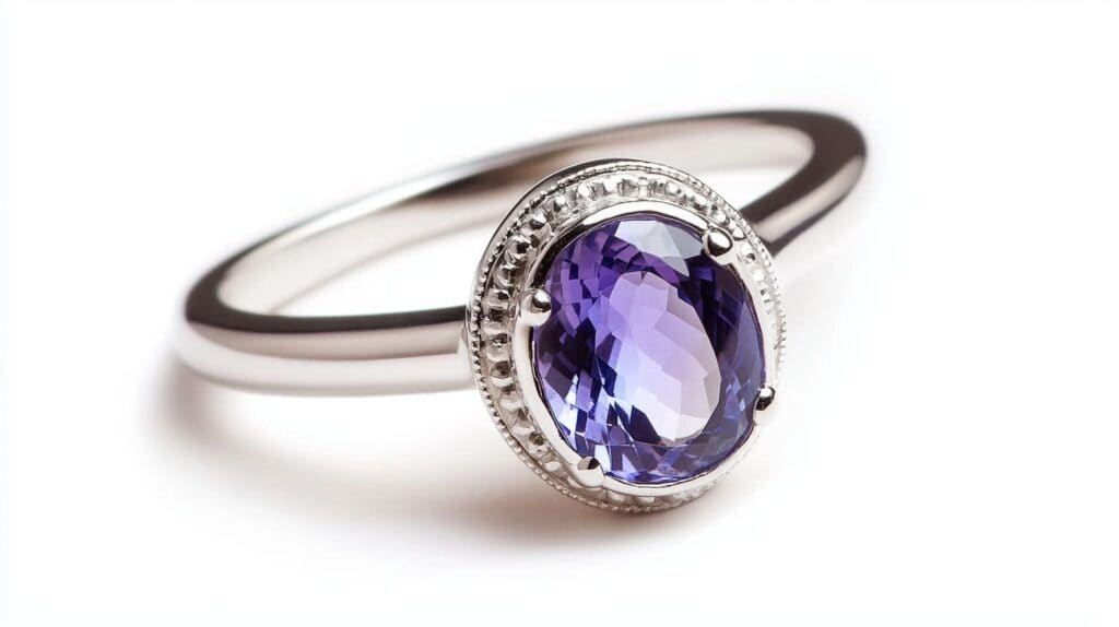 Elegant iolite ring with an oval-cut violet-blue gemstone set in a detailed silver band, showcasing the stone's natural brilliance.