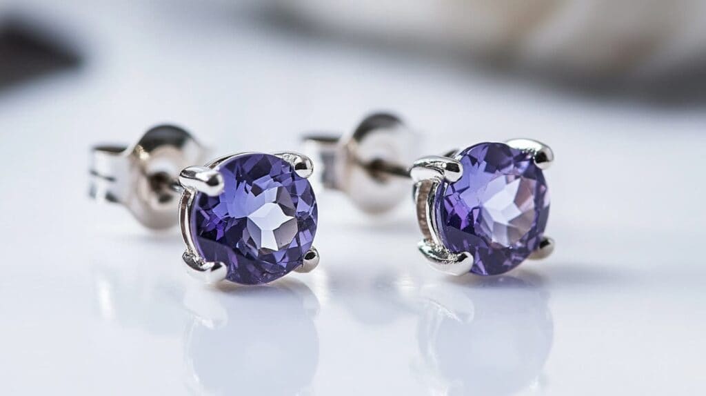 Pair of iolite stud earrings featuring round violet-blue gemstones set in polished silver, highlighting the gem's pleochroic properties.