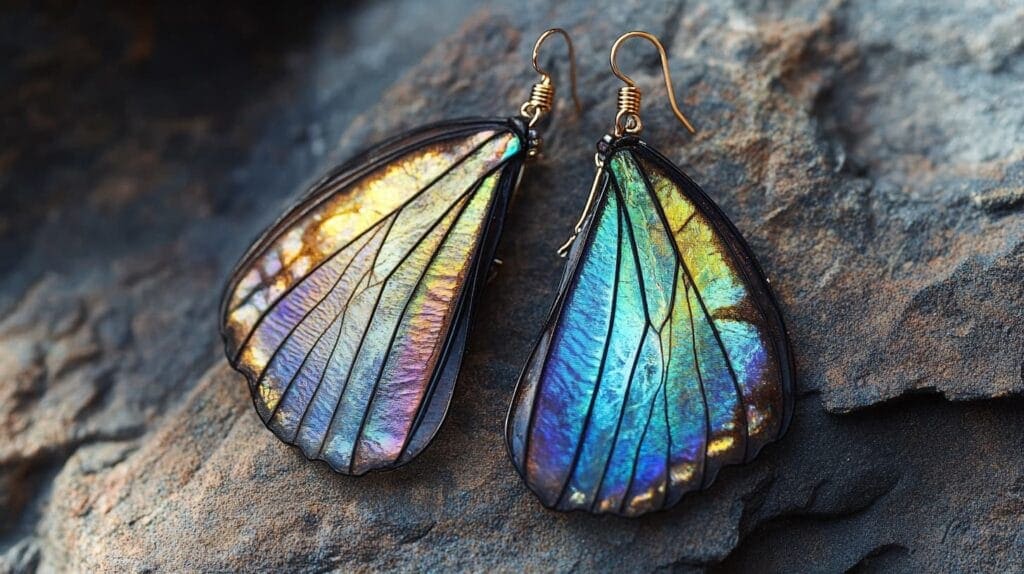 Colorful, iridescent butterfly wing earrings symbolizing transformation, new beginnings, and personal growth.