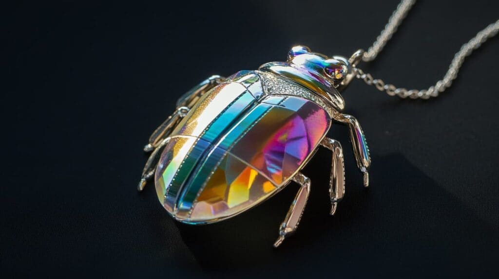 Iridescent scarab necklace with reflective multicolored gemstone, blending modern design with ancient Egyptian symbolism of transformation and rebirth.