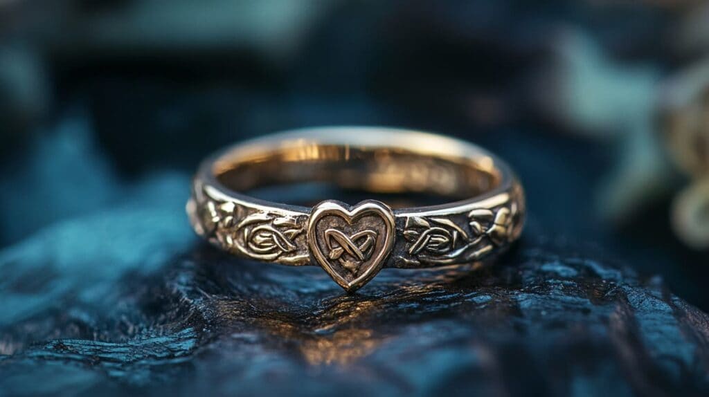 Close-up of an Irish Claddagh ring with intricate heart and knot design, representing the traditional Irish wedding ring custom.