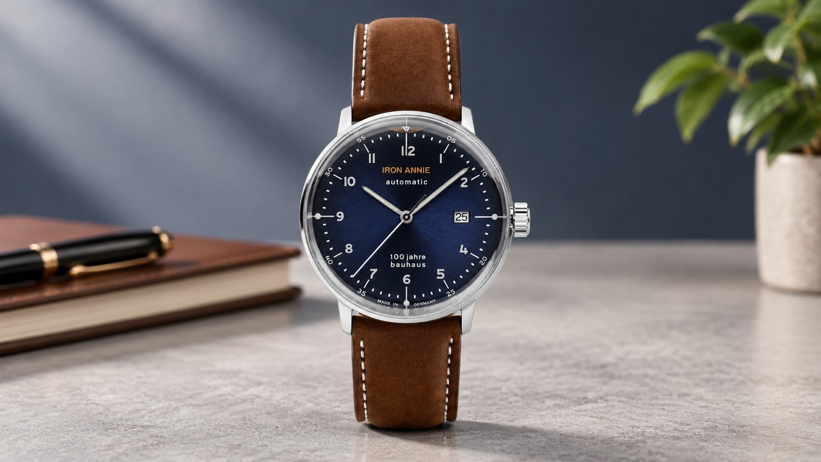 Iron Annie Bauhaus Automatic watch with blue dial and brown leather strap